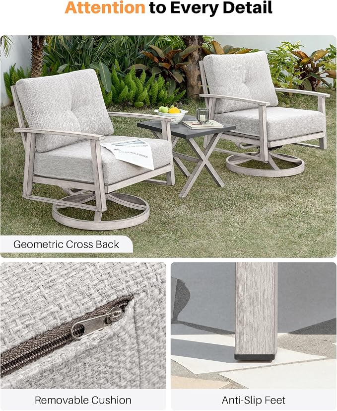 Outdoor Swivel Sofa Chairs Set of 2, Never Rusts All-Aluminum Outdoor Swivel Armchairs Set with Thick Cushions, 2-Piece All Weather Patio Sofa Chairs for Garden, Poolside, Lawn, White Oak