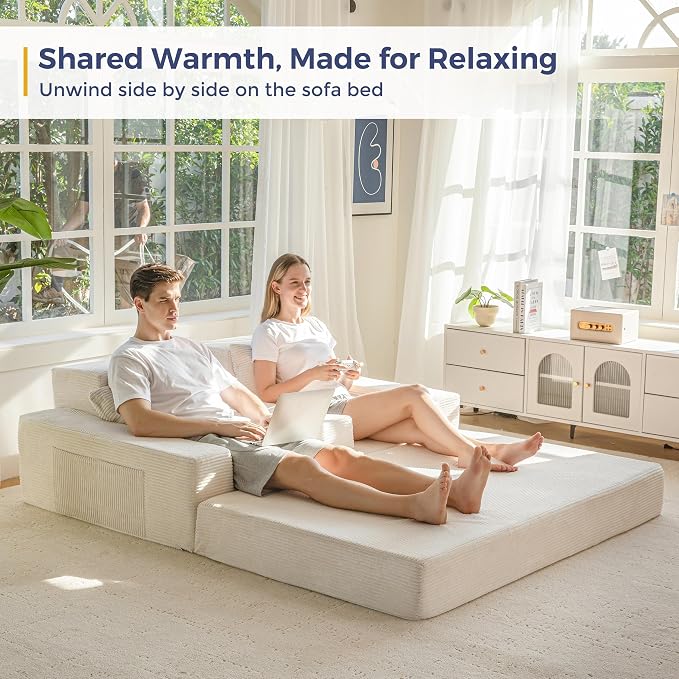 MAXYOYO Loveseat Sofa Bed, 64" Foldable Floor Sofa Couch in A Box with 2 Cup Holders, 4 in 1 Convertible Boneless Couch Folding Recliner Chair for Living Room, No Assembly Required, Beige