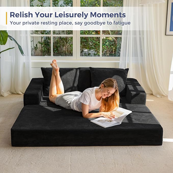 MAXYOYO Loveseat Sofa Bed, 64" Foldable Floor Sofa Couch in A Box with 2 Cup Holders, 4 in 1 Convertible Boneless Couch Folding Recliner Chair for Living Room, No Assembly Required, Black