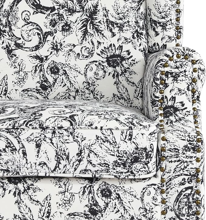 High Back Accent Chairs Set of 2, Fabric Upholstered Armchair Floral Wingback Chair for Living Room, Comfy Single Sofa Solid Wood Legs Bedroom Reading Seat - Rococo Black