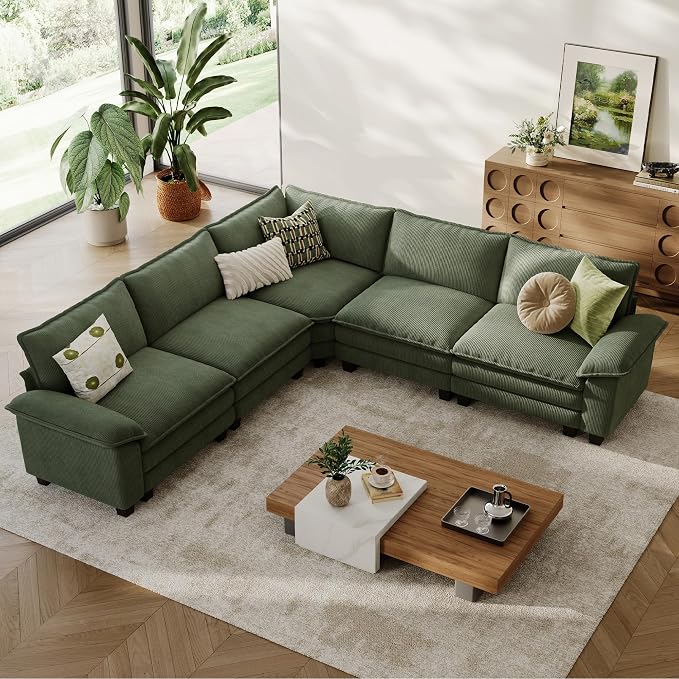 LINSY HOME Modular Sectional Sofa 5 Seat Couch Corduroy Cloud Couch with Deep Seat, Modern V-Shaped Cloud Couch for Living Room, Office, Bedroom, Green