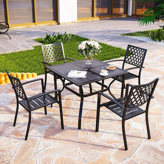 PHI VILLA 5 Pieces Outdoor Dining Set for 4, 37" Black Square Wrought Iron Table with Mesh Top & Stackable Metal Steel Chairs, Outside Furniture Set for Patio, Deck, Backyard, Porch
