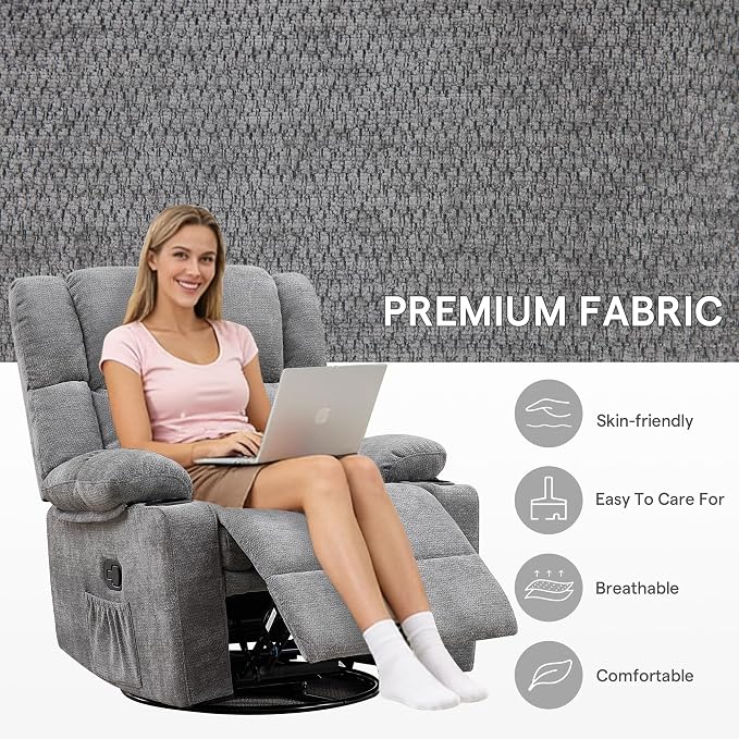 Swivel Rocker Recliner,Rocking Reclining Chair with Adjustable Headrest for Adults,Upholstered Fabric Swivel Recliner Chair for Bedroom,Living Room,Grey