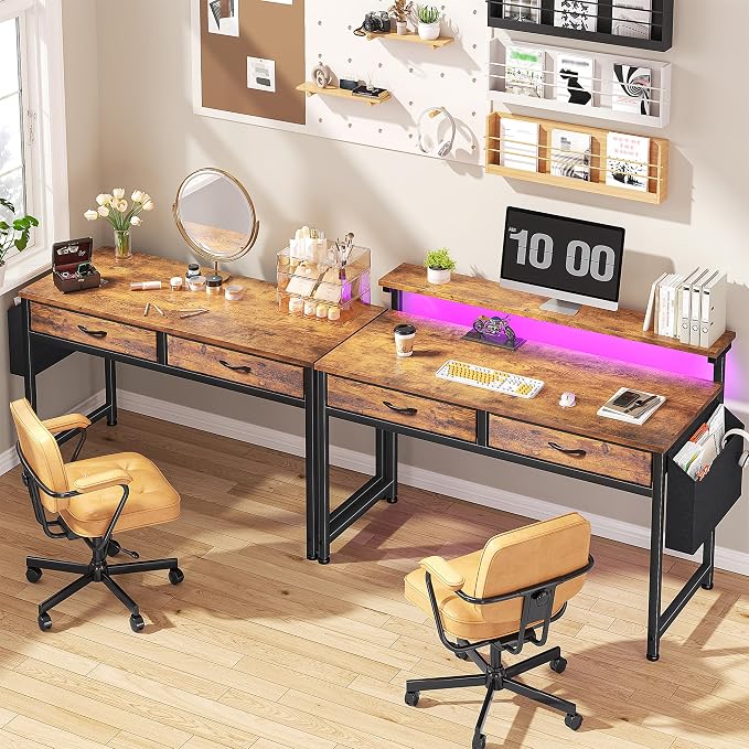 Gaming Desk with LED Lights & 2 Fabric Drawers, 39.4Inch Home Office Computer Desk with Side Pocket & Ergonomic Monitor Stand, Small Space Study Writing Table with Anti-Tip Design, Rustic Brown