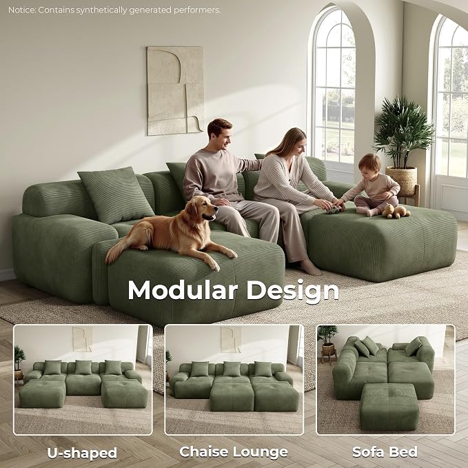 LIKIMIO LumiCord 118" Tufted Modular Sectional Sofa, Modern U-Shaped Boneless Couch for Living Room, 26.8" Deep Seat, 18.1" High Seating, 15" Wide Armrest, Corduroy, Olive Green