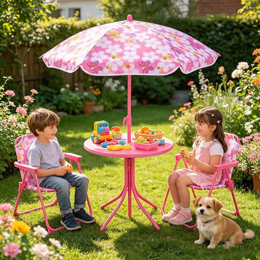 HONEY JOY Kids Picnic Table, Animal Themed Toddler Outdoor Table and Chair Set, 2 Folding Chairs & Removable Umbrella, Children Outdoor Furniture for Backyard Patio Garden (Pink Bee)