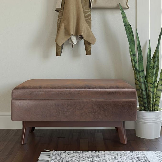 SIMPLIHOME Owen Small Rectangular Storage Ottoman - 36 inch Wide Upholstered Vegan Leather Lift-Top Ottoman in Distressed Chestnut Brown, Mid-Century Modern Ottoman for Living Room with Tufted Detail