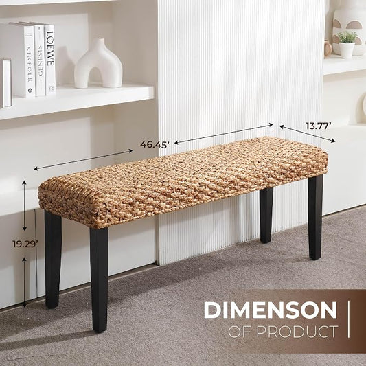 Solid Wood Acacia Indoor Bench with Natural Woven Seat, Boho Bench Entryway, Wood Bench for Living Room, Wooden Bench for Bedroom, Farmhouse Entryway Bench, Dining Benches (Black, Water Hyacinth)