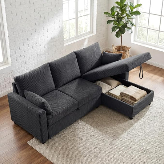 Queen Sleeper Sofa, Convertible Sofa Bed with Storage, 85 Inch Sectional Couch with Pull Out Bed, L Shaped 3 Seat Sectional Sleeper Sofa for Living Room, Apartment, Black