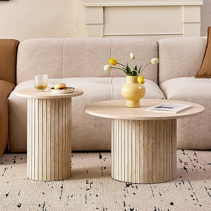 Round Nesting Coffee Tables for Living Room, Set of 2, Beige | φ27.6 + φ15.8 Boho Small Circle Side Tables, Fluted Drum Design Easy Assembly Minimalist Modern End Table Non-Slip Feet