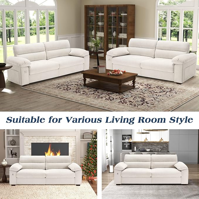 WorthFurni Sofas for Living Room, Chenille Pillow-Armrest Loveseat Couch Set, Small Sofa, 3 Seater Sofa, USB Charging, Removable Sofa Cover, Solid Wood Frame, Easy to Install (90.5 inch, Beige)
