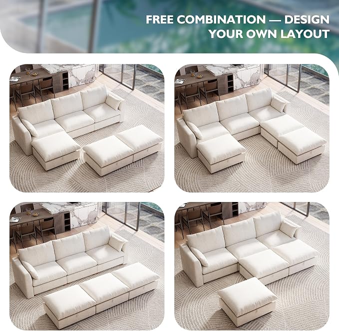 Ihanherry 117" Oversized Modular Sectional Sofa, Modern Cloud Couch with 3 Storage Ottoman, 6-Seat Comfy Chenille Deep Seat Sofa with 2 Pillows for Living Room, Beige