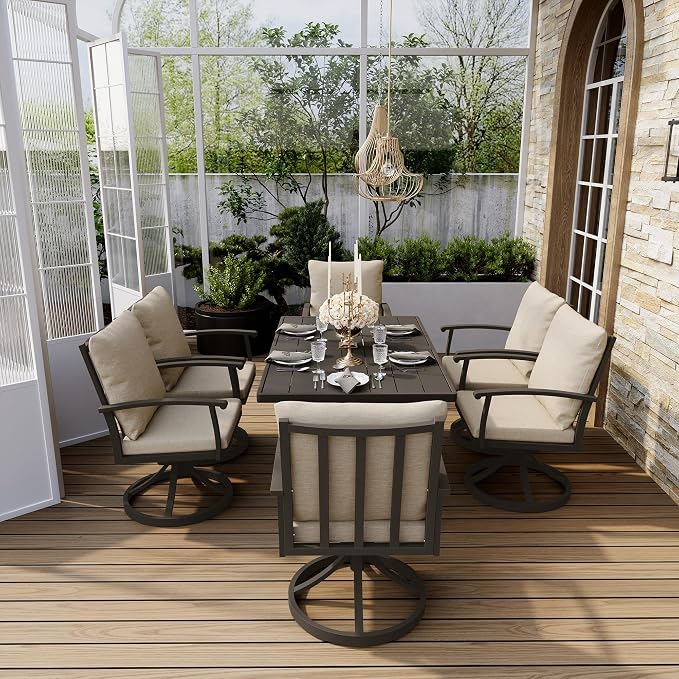 HAPPATIO 7 Piece Patio Swivel Dining Set, Aluminum Outdoor Dining Set for 6,Dining Table and Chairs Set, Patio Dining Furniture with Aluminum Table, Swivel Chairs and Washable Cushions (Black)