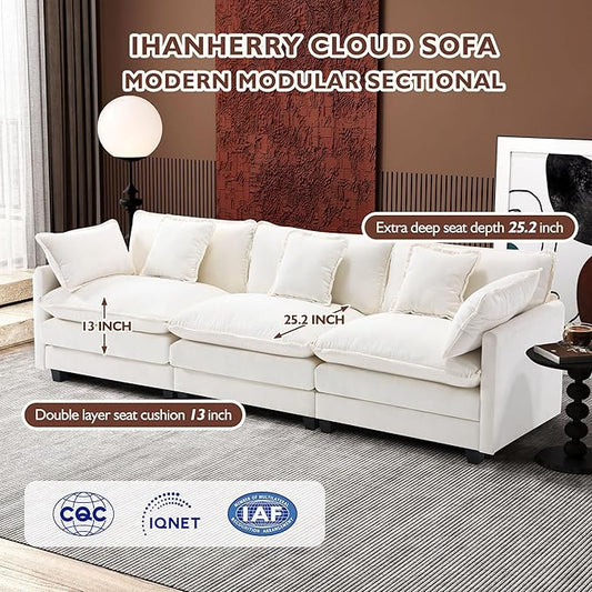 Ihanherry 111.4 Inch 3-Seater Cloud Sofa, Modular Sectional Couch, Modern Deep Seat Sofa for Living Room, Comfy Double Layer Upholstered Seat Cushion, Breathable Chenille Fabric, Beige