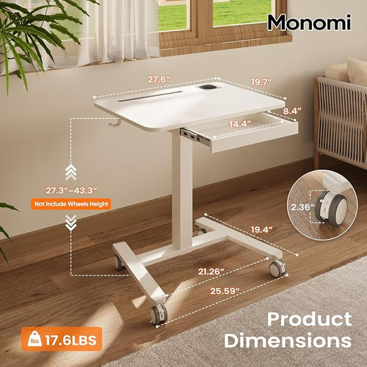 Monomi Mobile Standing Desk with Drawer, 28" Rolling Desk with Cup Holder and Hooks, Portable Laptop Cart on Wheels, Height Adjustable Workstation with Storage for Home Office, White Furniture