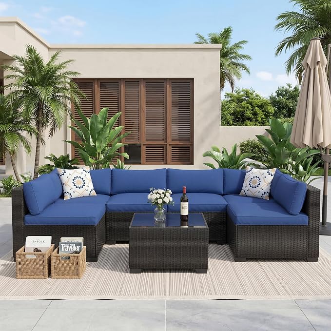 7 PCS Outdoor Sectional Furniture Set, Wicker Conversation Set Sofa, Black | Freely combinable outdoor conversation sofa Weather resistant rattan wicker furniture Easy clean
