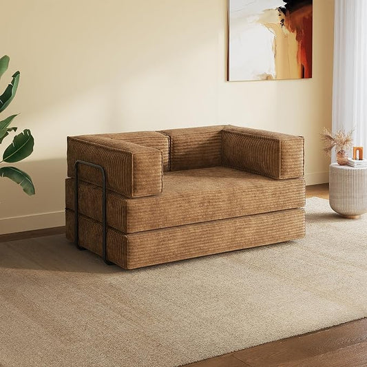 WLIVE 60'' Futon Sofa Bed, Convertible Sleeper Sofa, Folding Pull Out Couch Boneless Mattress with Fixed Frame, Corduroy, Brown