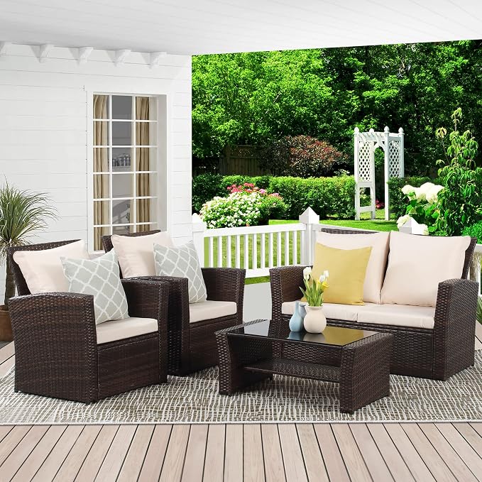 Wisteria Lane Patio Furniture Set, Wicker Outside Outdoor Furniture for All Weather, Patio Sofa with High Backrest Support and Wide Armrest for Backyard, Balcony, Deck, Porch, Brown