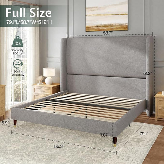 Jocisland Full Bed Frame 51.2" Wingback Headboard Linen Upholstered Platform Bed,Solid Wood Legs & Wooden Slats,No Box Spring Needed,Noise-Free,for Teen Room Small Bedroom Cozy Home,Light Grey