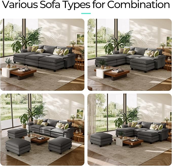 LINSY HOME 123'' Modular Sectional Sofa 3 Seat Couch Corduroy Cloud Couch with Deep Seat, Modern Cloud Couch with 3 Movable Ottoman for Living Room, Office, Bedroom, Grey