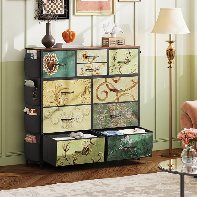 WLIVE Fabric Dresser for Bedroom with 10 Drawers, Chest of Drawers with Side Pockets and Hooks, Sturdy Metal Frame, Drawers Organizer Unit for Living Room, Hallway, Floral Painted