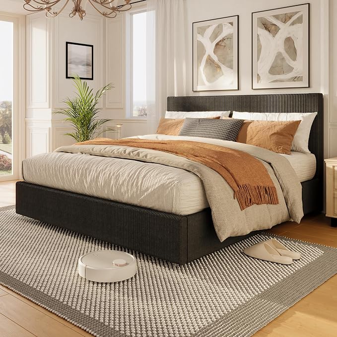 IDEALHOUSE Full Size Bed Frame with 4 Storage Drawers, Corduroy Upholstered Bed Frame with Tufted Wingback Headboard, Strong Wooden Slats Support, No Box Spring Needed, Black