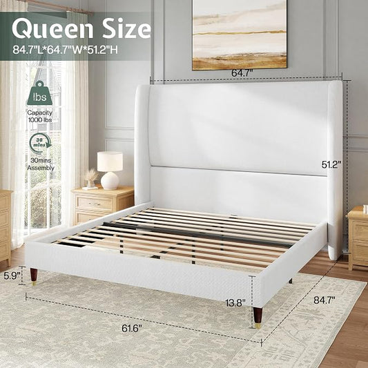 Jocisland Queen Size Bed Frame 51.2" Wingback Headboard Linen Upholstered Platform Bed,Solid Wood Legs & Wooden Slats,No Box Spring Needed,Noise-Free,for Family Guest Room Cozy Home,White