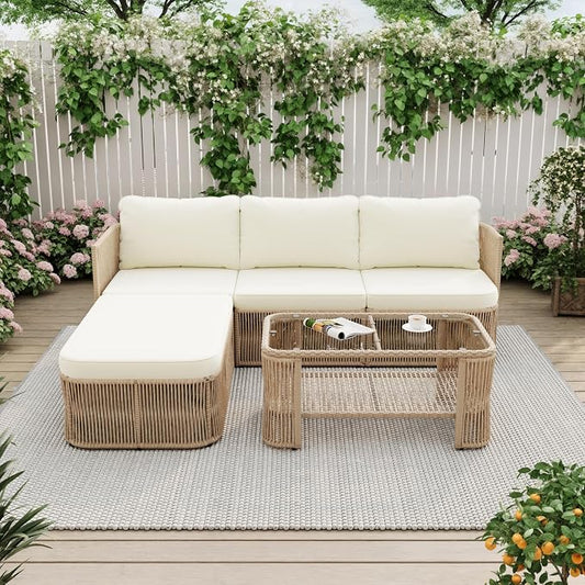 VilroCaz Outdoor PE Rattan Patio Furniture Sectional Sofa Set with Iron Frame, All-Weather Beige Wicker Conversation Set with Thick Cushions and Coffee Table for Garden Backyard Balcony