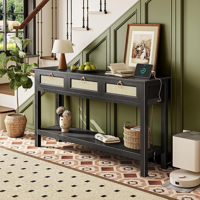 SUPERJARE Rattan Console Sofa Table with Outlets and USB-C Port, 3 Drawer Entryway Table with Synthetic Rattan Surface, Open Shelf, Behind Couch Entry Foyer Hallway Storage, Black