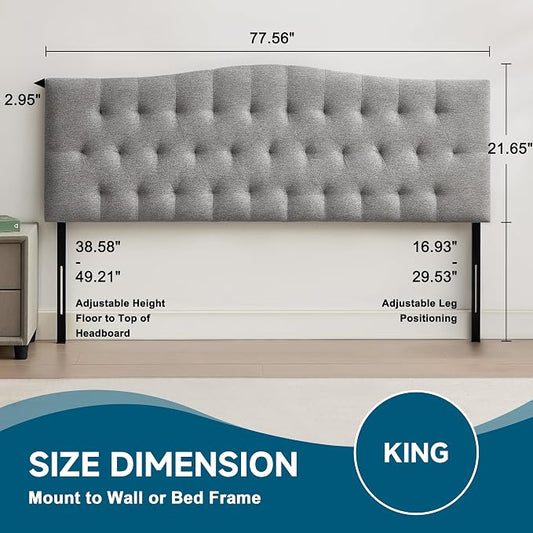 Tufted Upholstered King Size Headboard Only, Adjustable 38-50 in, Gray | King Headboard for King Size Bed, Durable Linen Fabric Headboards, Modern Diamon Design Wood Head Board