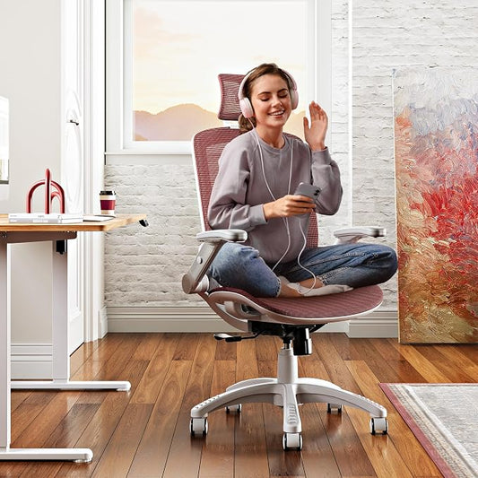 GABRYLLY Ergonomic Office Chair, High Back Home Desk Chair with Headrest, Flip-Up Arms, 90-120° Tilt Lock and Wide Cushion, 300LBS Mesh Chairs for Man Woman, White Task Chair(Red,GY01WR)