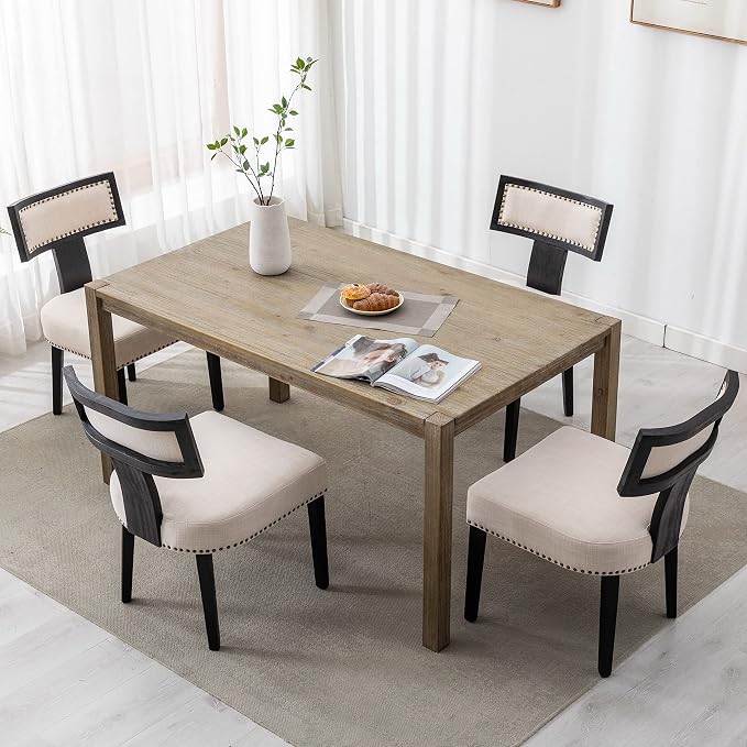 RIVOVA Mid Century Modern Dining Chairs Set of 6 Linen Fabric Upholstered Kitchen Side Chairs with Nailhead Trim, Modern Kitchen Armless Solid Wood Dining Chairs, Beige