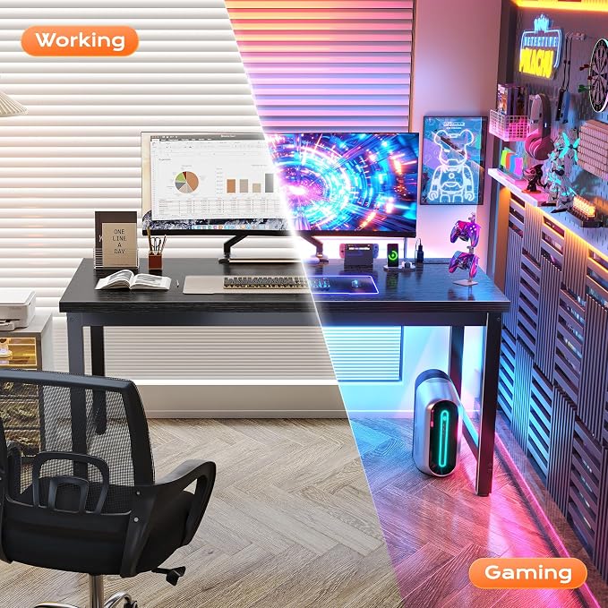 Huuger 55 x 24 inch Desk with Power Outlets & USB-C, Deeper & Thicker Desktop, Robust Metal Tubes, Computer Desk, Heavy Duty Office Desk, Work Gaming Desk for Home Office, Black