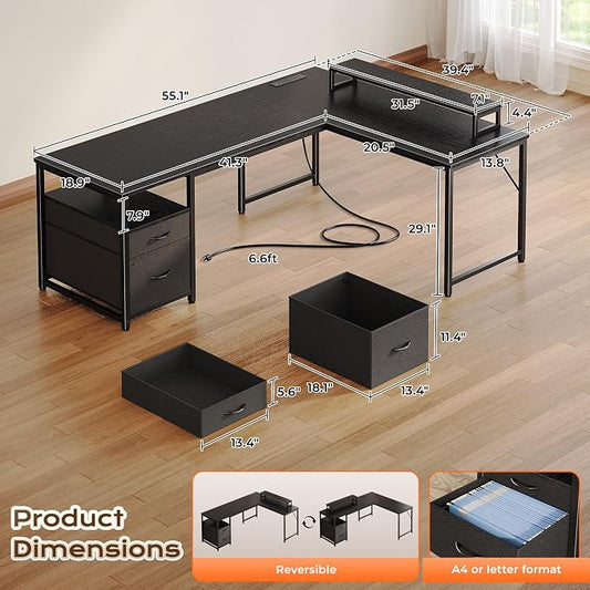 PRAISUN 55 Inch L Shaped Desk with Power Outlets and USB-C Port, Computer Corner Home Office Desk with File Fabric Drawers and Movable Monitor Stand, Larger Storage for Gaming, Work, Black