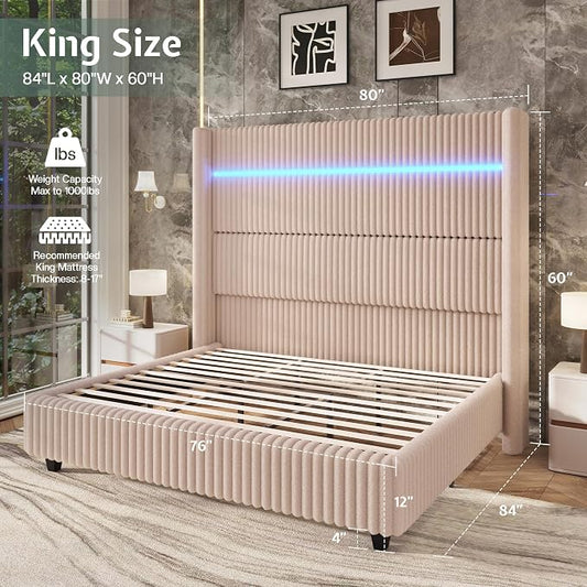 Jocisland King Bed Frame Faux-Fur Upholstered 60" Tall Headboard, Beige | Wingback Headboard, LED lights, USB Charging, Noise-free, No box spring needed, easy assembly, for Master Bedroom