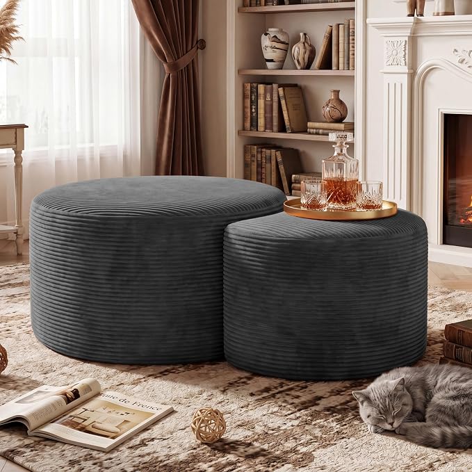 BSHOMGI Boneless Ottoman Nesting Coffee Table Set of 2,Corduroy Soft Foot Rest Movable LargePouf Footstool for Living Room Sofa Couch Bedroom Entryway and Small Spaces No Assembly (Dark Gray)