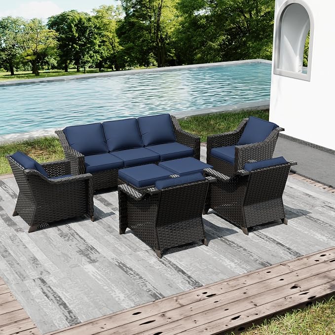 Joyside Wicker Patio Furniture Sets, 7 Pieces Upgraded Large Size Outdoor Furniture with 4 Swivel Rocking Patio Chairs, 3-Seat Sofa, Outdoor Ottoman, Thick Cushions, Wide Armrest, Blue