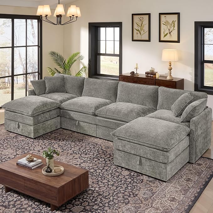 Ihanherry 135” Modular Sectional Sofa with Storage, U Shaped Cloud Couch with Movable Ottomans & 4 Pillows, Chenille Deep Seat Sectional Couches for Living Room, Apartment (Grey)