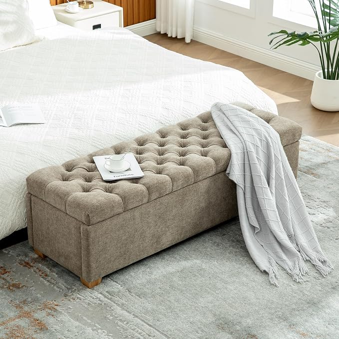 60.2" Storage Bench, End of Bed Storage Benches, Chenille Fabric Upholstered Ottoman Bench with Safety Hinge for Living Room Entryway Bedroom Hallway