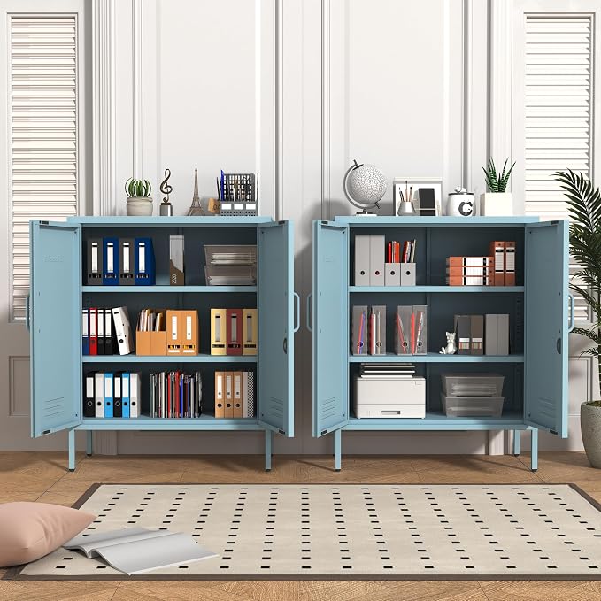 Multipurpose Accent Cabinet Locker, Metal Storage Cabinet with 2 Adjustable Shelves, Heavy Duty & Lockable Organizer Made of Thickened Steel, Easy Assembly for Home, Entryway, Blue