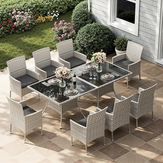 10-Piece Patio Dining Set, Patio Furniture Set with Square Tempered Glass Table & 8 Wicker Chairs, Expandable Design for Larger Groups, Outdoor Furniture for Backyard, Deck, Garden, Dark Grey