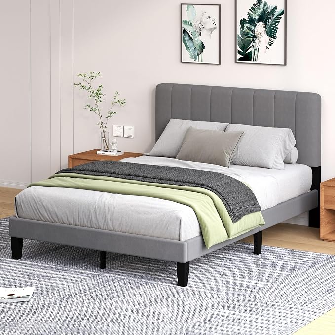 Queen Size Bed Frame with Headboard, Platform Bed with Soft Velvet Upholstered Headboard | Wooden Slats Support | Adjustable Height | No Box Spring Needed, Queen Bed Frame Grey