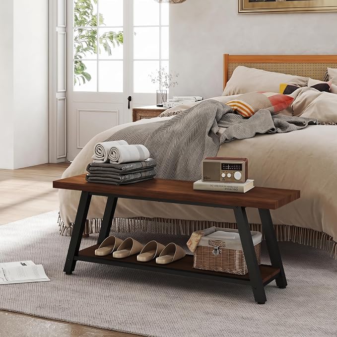 47" Farmhouse Entryway&End of Bed Wood Bench,Walnut | Skandiquip 43"47" Wood Farmhouse Entryway Bench, Mid Century Rustic End of Bed Bench for Mudroom, Living Room & Kitchen