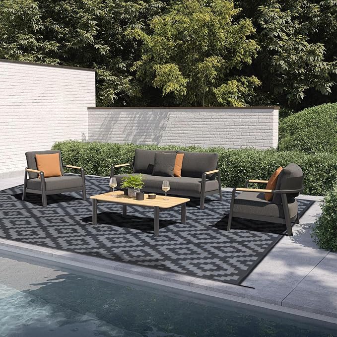 SAND MINE Waterproof Outdoor Rug, Plastic Reversible Rug, Modern Area Rug, Large Floor Mat for Outdoors, RV, Patio, Backyard, Deck, Picnic, Beach, Camping (10' x 14', Black Grey Lattice)