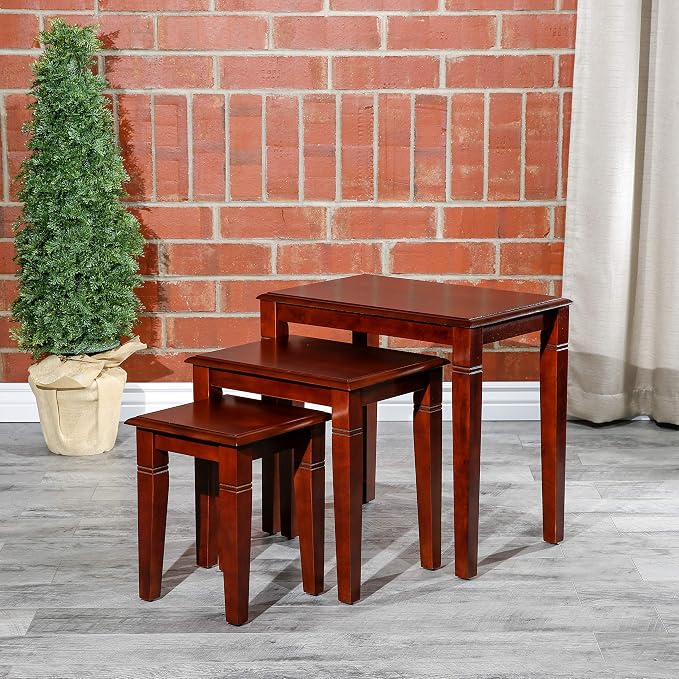DTY Indoor Living 3-Piece Nesting Tables - Wooden Table Set of 3 for Living Room - Stackable Tables with Sleek Cherry Finish for Stylish and Space-Saving Home Furniture