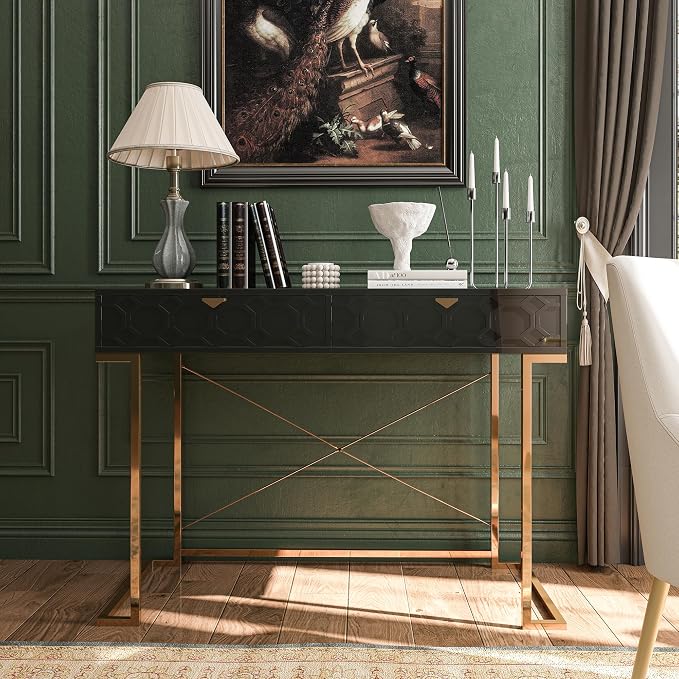Clihome 42'' Home Office Desks, Modern Writing Desk with Drawers, Modern Simple Desk with Golden Legs and X-Shaped Bracket