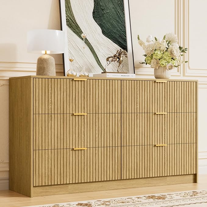 Furniway Mid Century Modern Dresser for Bedroom, 6 Drawer Wood Dresser with Fluted Front, 55.1" Wide Chest of Drawers for Living Room, Hallway, Natural Oak