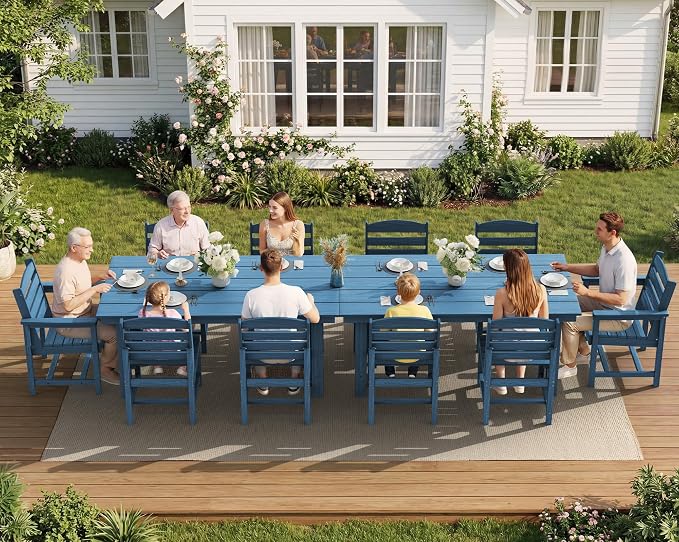 SERWALL Patio Dining Sets for 6 Person, HDPE Dining Set with 6 Armless Chairs, Blue
