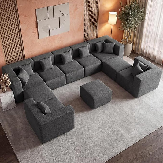 MONVANE Modular Sectional Sofa, Oversized 10 Seat Convertible U Shaped Couch with Ottoman, Comfy Chenille Cloud Couch with Deep Seat, Sectional Couches for Living Room, No Assembly Required, Grey