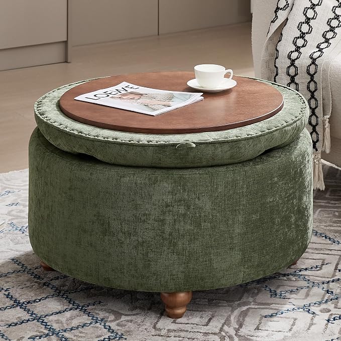 WUTUTUEE 30Inch Round Storage Ottoman with Tray, Modern Tufted Circle Coffee Table with Storage, Upholstered Ottoman with Removable Top for Living Room, Bedroom, Chenille Green